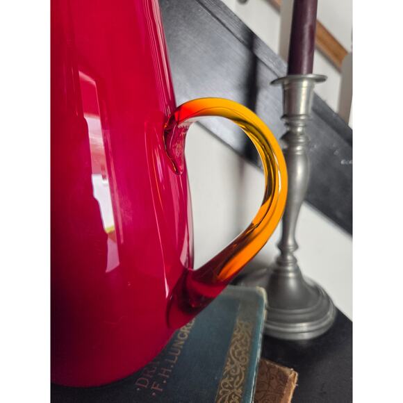Amberina Red Glass Pitcher 8.75" Handblown Art Glass with Amber Handle Vintage - Picture 4 of 10